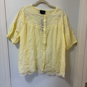 LIV Los Angeles Short Sleeve Cotton Blouse Embroidered Light Yellow Plus Size 2X